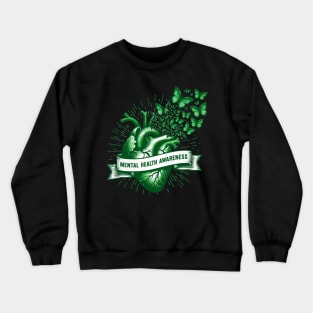 Mental Health Awareness Heart Butterflies Green Crewneck Sweatshirt